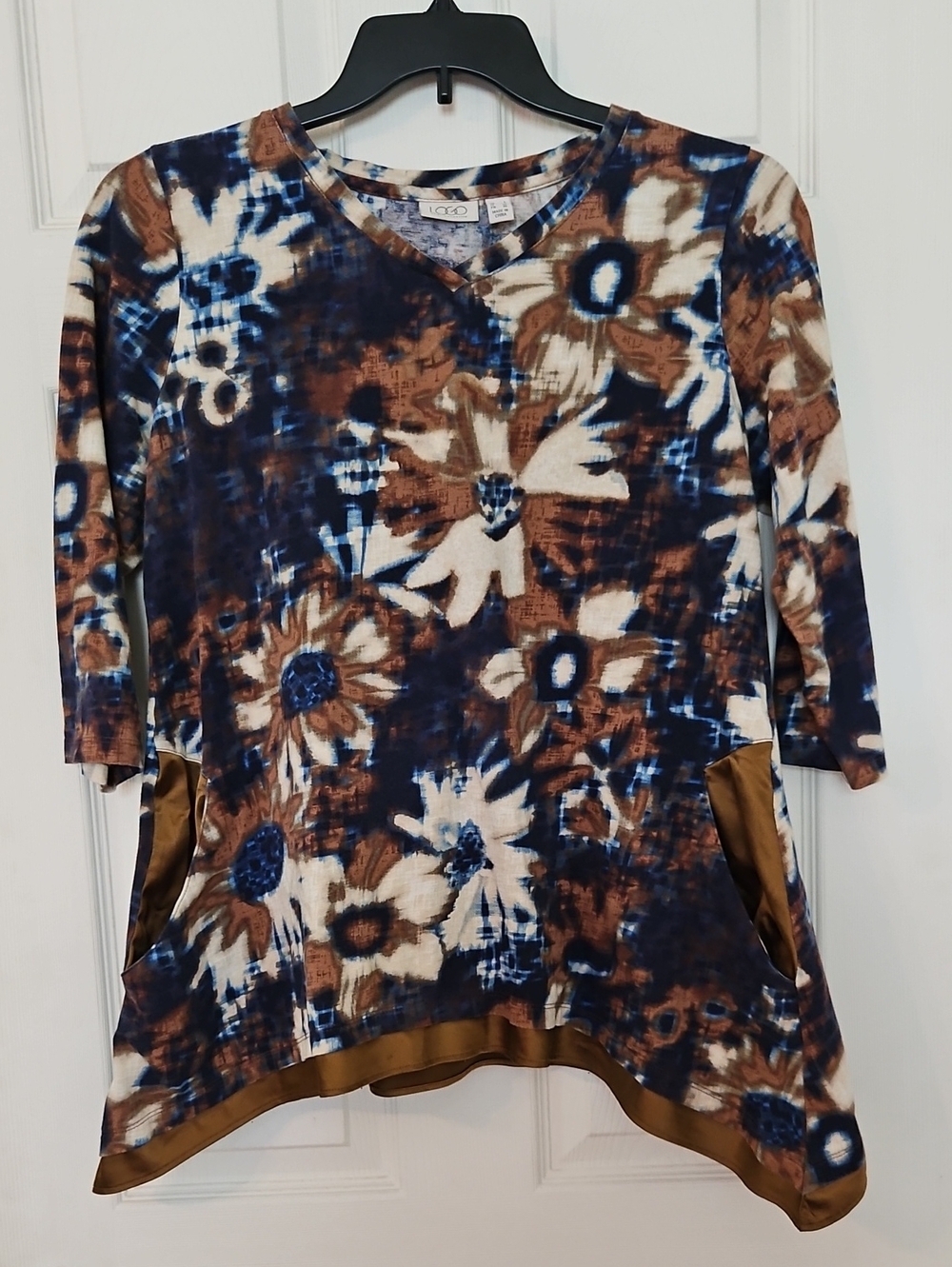 LOGO by Lori Goldstein Blue, Brown & Cream Floral V-Neck Tunic